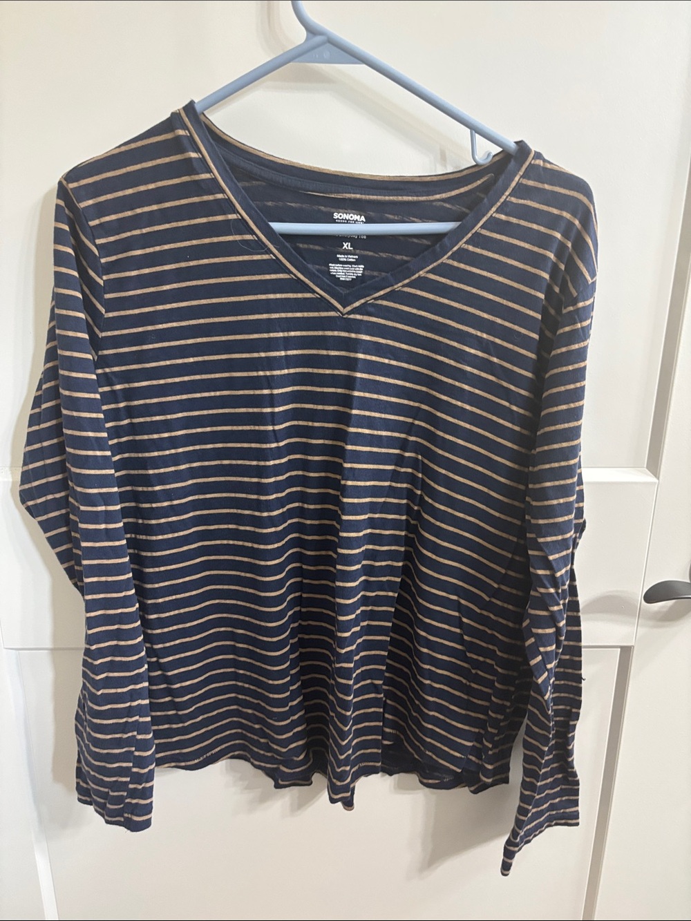 Sonoma Navy and Tan Striped V-Neck Long Sleeve Tee